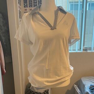 Jones New York White Short Sleeve Top with Striped Collar